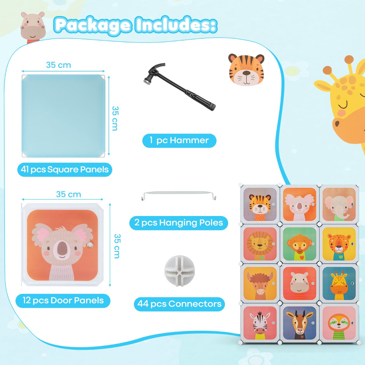 12-Cube Kids Wardrobe with Doors, Hanging Rods, and Animal Patterns - Blue