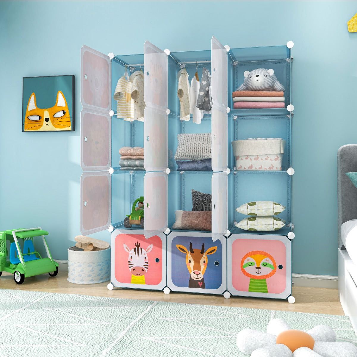 12-Cube Kids Wardrobe with Doors, Hanging Rods, and Animal Patterns - Blue