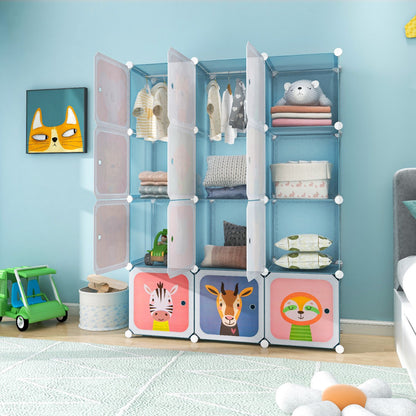 12-Cube Kids Wardrobe with Doors, Hanging Rods, and Animal Patterns - Blue