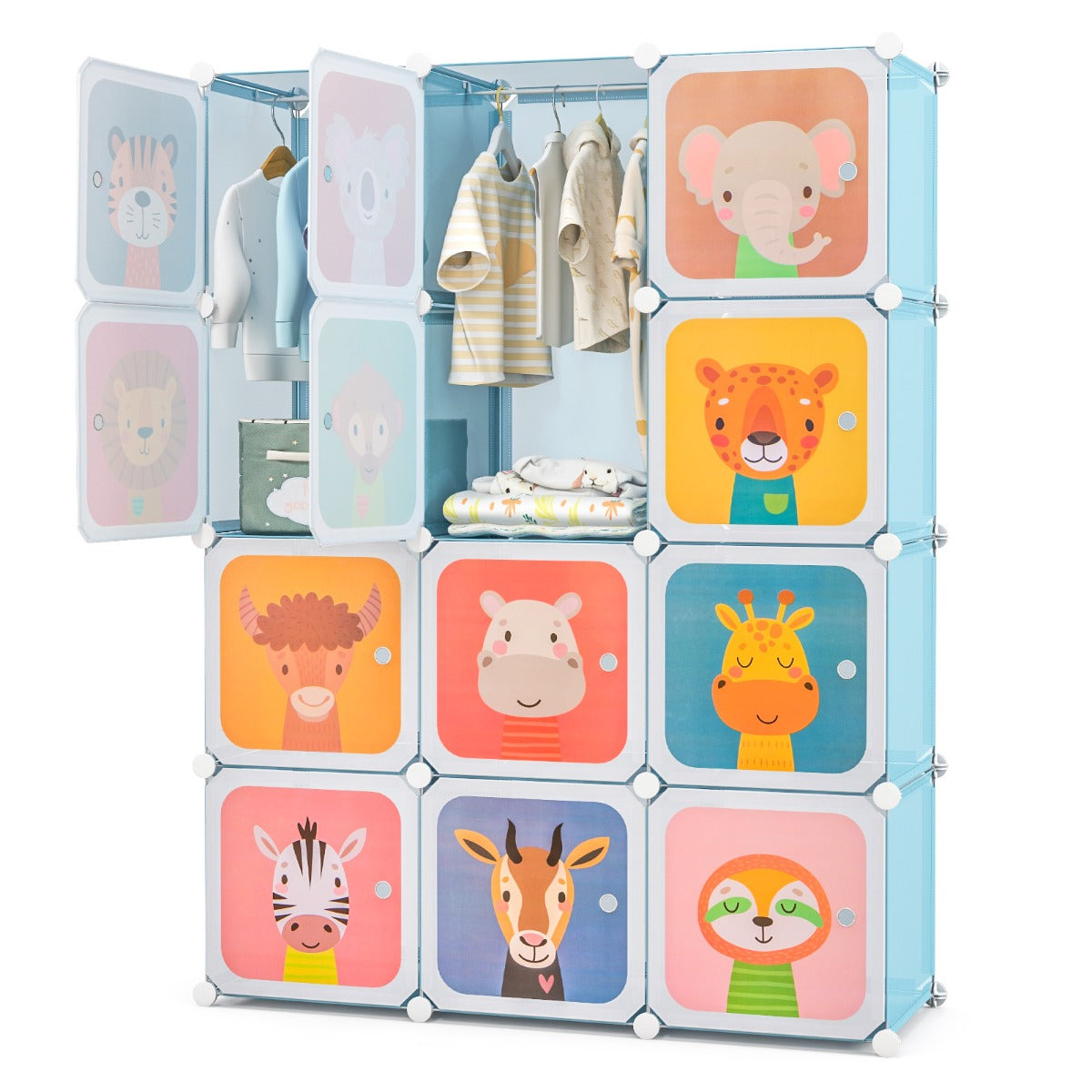 12-Cube Kids Wardrobe with Doors, Hanging Rods, and Animal Patterns - Blue
