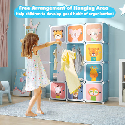 12-Cube Kids Wardrobe with Doors, Hanging Rods, and Animal Patterns - Blue