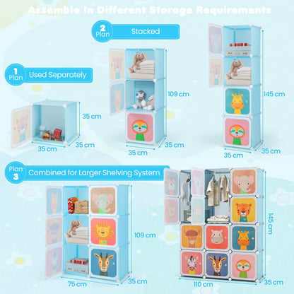 12-Cube Kids Wardrobe with Doors, Hanging Rods, and Animal Patterns - Blue
