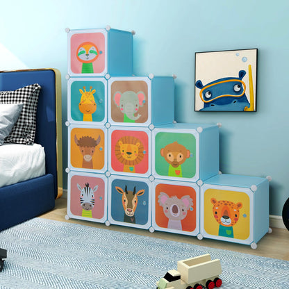 12-Cube Kids Wardrobe with Doors, Hanging Rods, and Animal Patterns - Blue