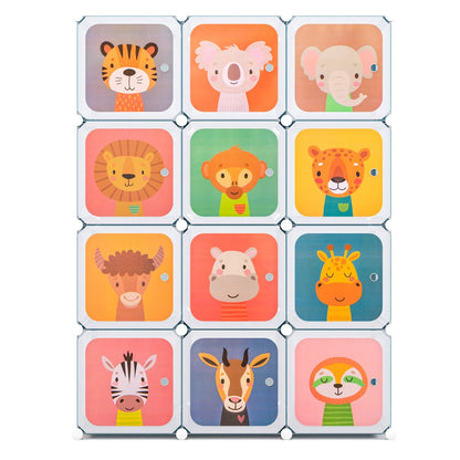 12-Cube Kids Wardrobe with Doors, Hanging Rods, and Animal Patterns - Blue
