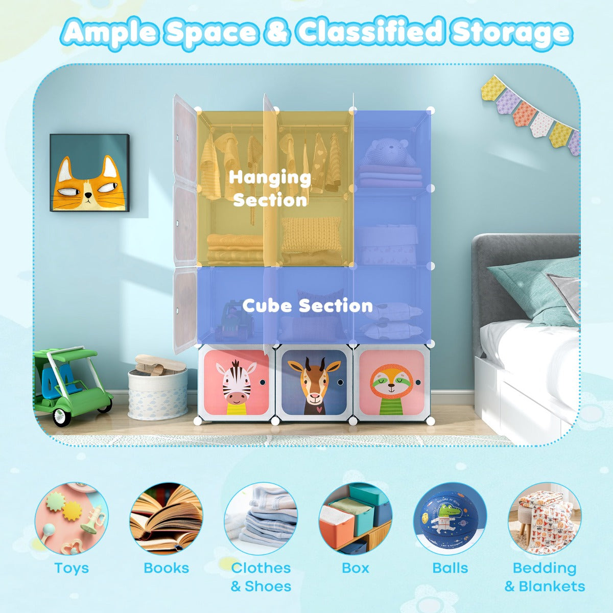 12-Cube Kids Wardrobe with Doors, Hanging Rods, and Animal Patterns - Blue