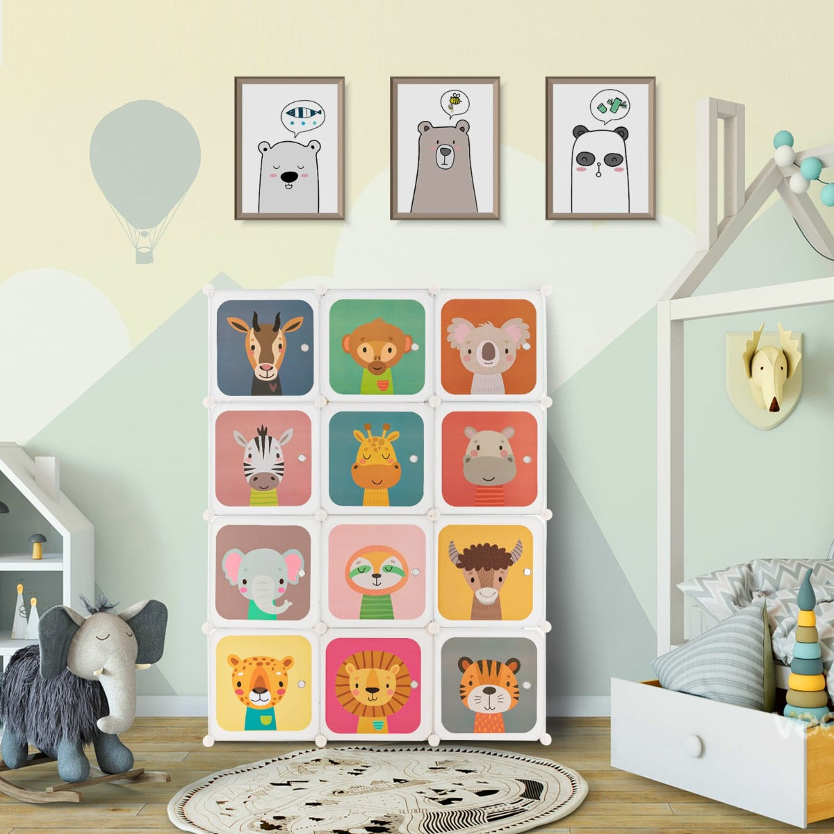 12-Cube Kids Wardrobe with Animal Patterns and Adjustable Hanging Sections