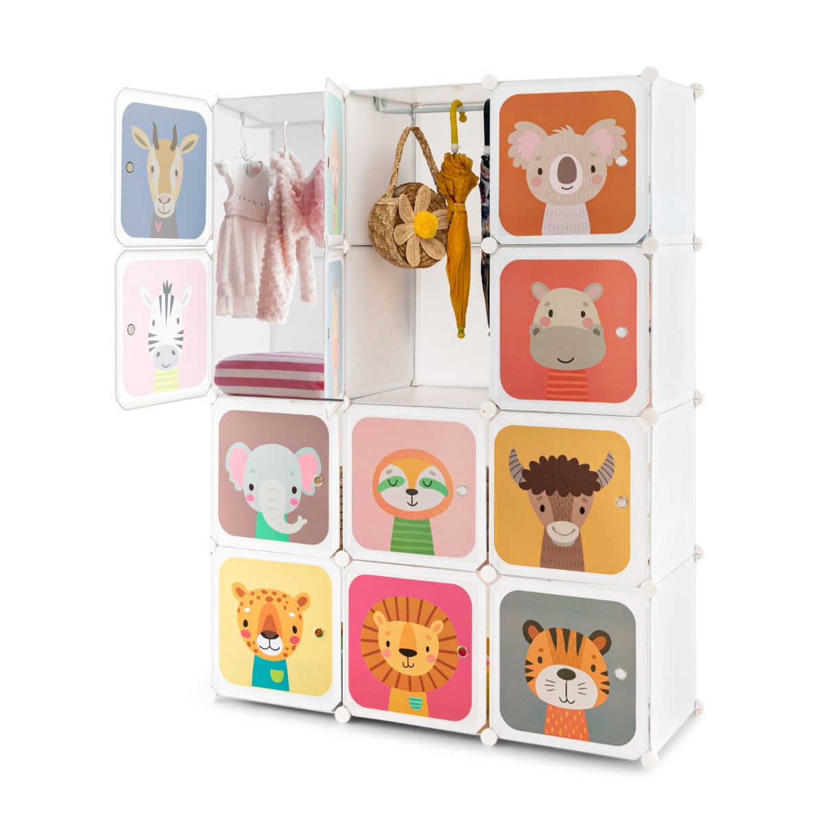 12-Cube Kids Wardrobe with Animal Patterns and Adjustable Hanging Sections