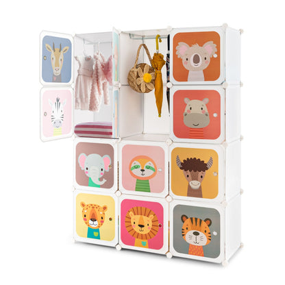12-Cube Kids Wardrobe with Animal Patterns and Adjustable Hanging Sections