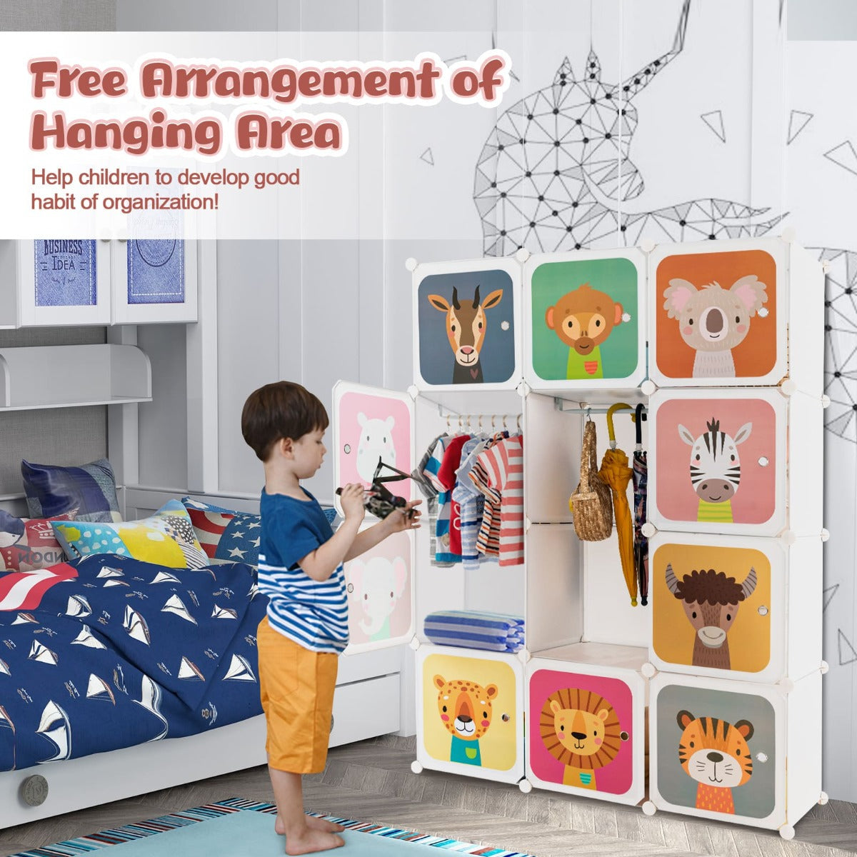 12-Cube Kids Wardrobe with Animal Patterns and Adjustable Hanging Sections