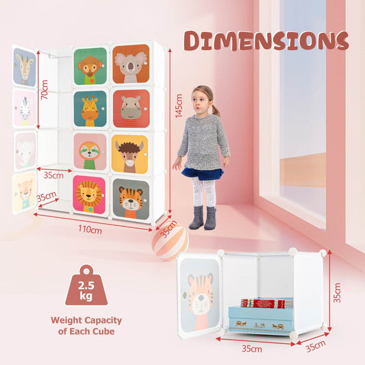 12-Cube Kids Wardrobe with Animal Patterns and Adjustable Hanging Sections