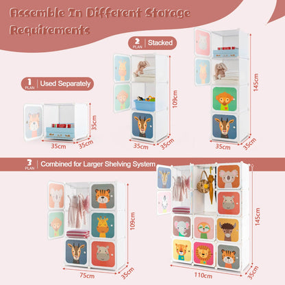 12-Cube Kids Wardrobe with Animal Patterns and Adjustable Hanging Sections