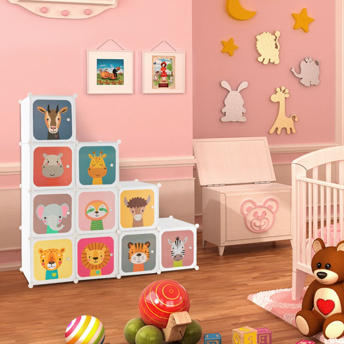 12-Cube Kids Wardrobe with Animal Patterns and Adjustable Hanging Sections