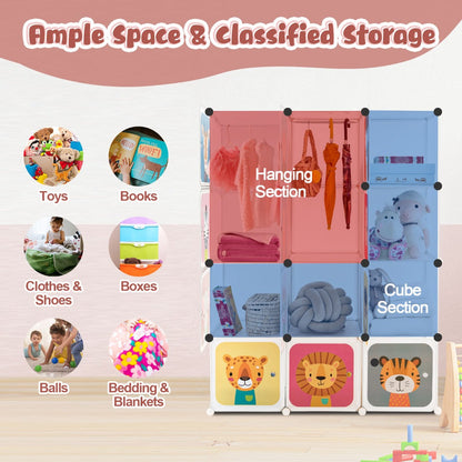 12-Cube Kids Wardrobe with Animal Patterns and Adjustable Hanging Sections