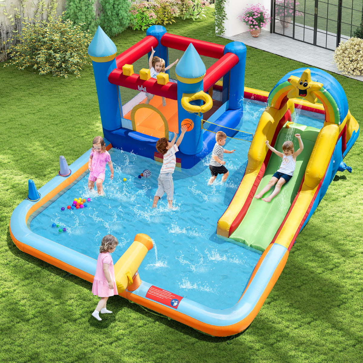 Water Slide Bounce House with Climbing Wall and Splash Pool