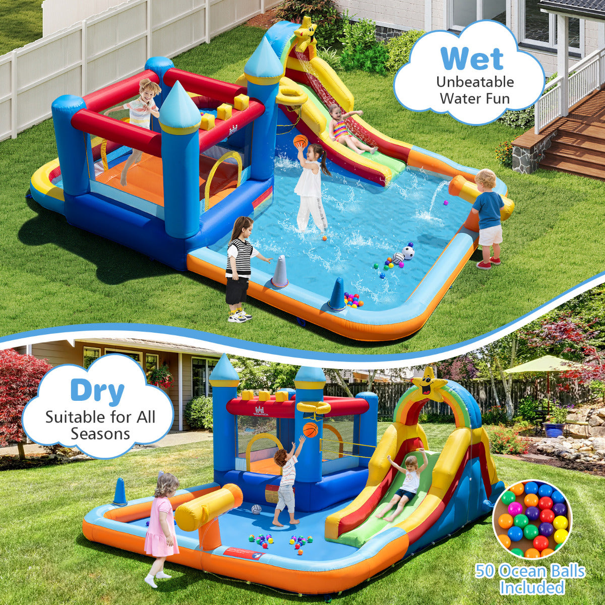 Water Slide Bounce House with Climbing Wall and Splash Pool