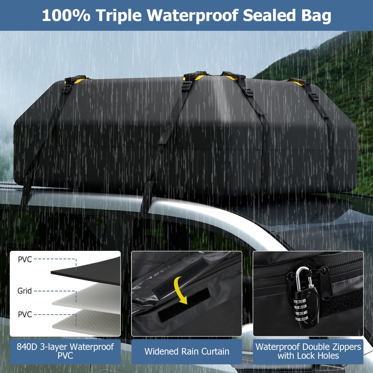 425L 100% Waterproof Roof Top Luggage Bag for All Vehicles-Black