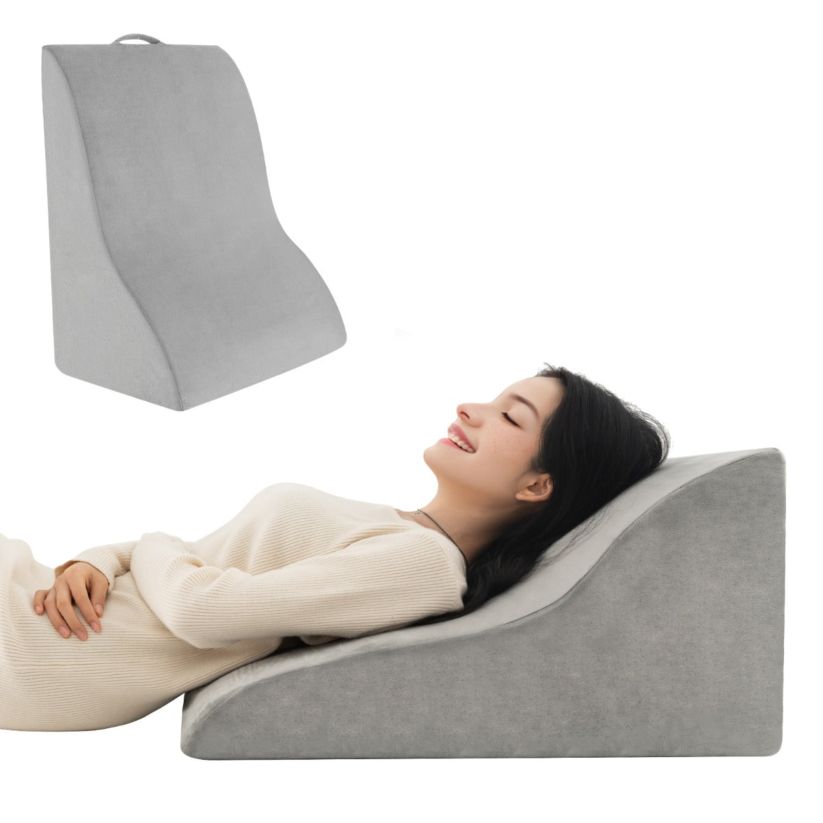 Versatile triangle pillow can be used upright for reading or laid down for upper-body elevation