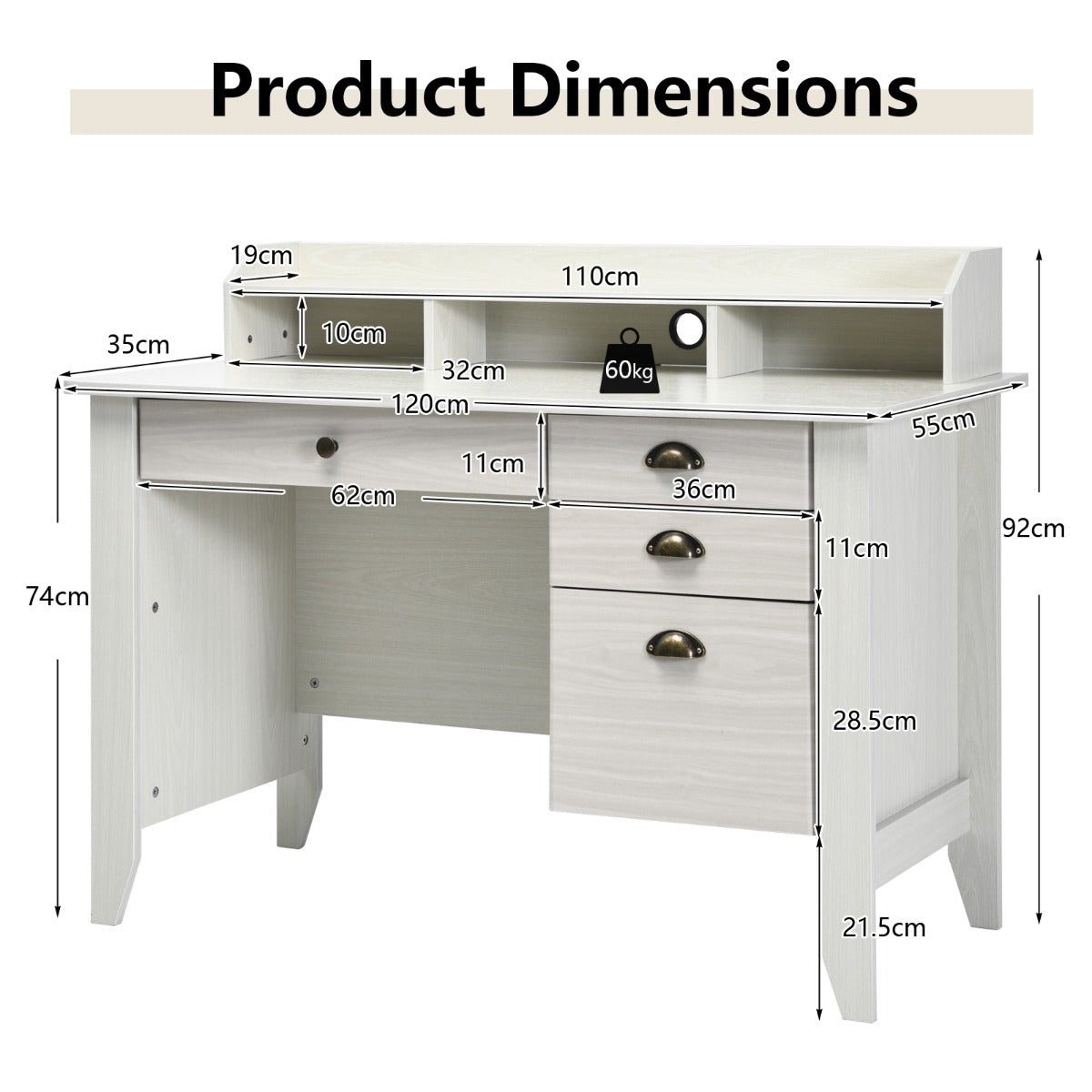 120cm Computer Desk with 4 Storage Drawers &amp; Hutch for Home Office-White