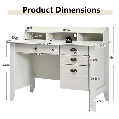 120cm Computer Desk with 4 Storage Drawers &amp; Hutch for Home Office-White