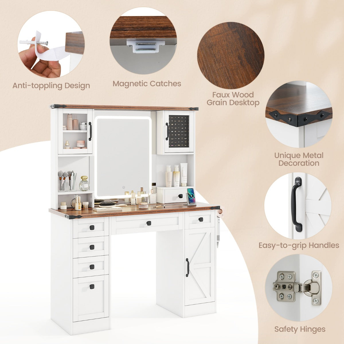 Farmhouse Vanity Desk with Lighted Mirror Makeup Vanity Table-White