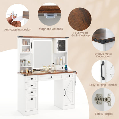 Farmhouse Vanity Desk with Lighted Mirror Makeup Vanity Table-White