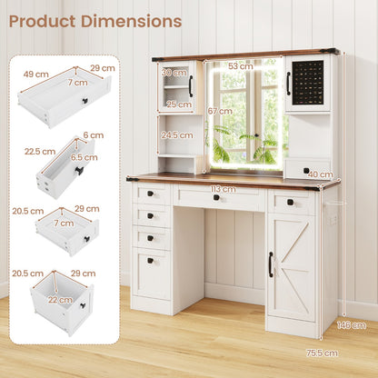 Farmhouse Vanity Desk with Lighted Mirror Makeup Vanity Table-White