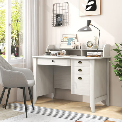 120cm Computer Desk with 4 Storage Drawers &amp; Hutch for Home Office-White