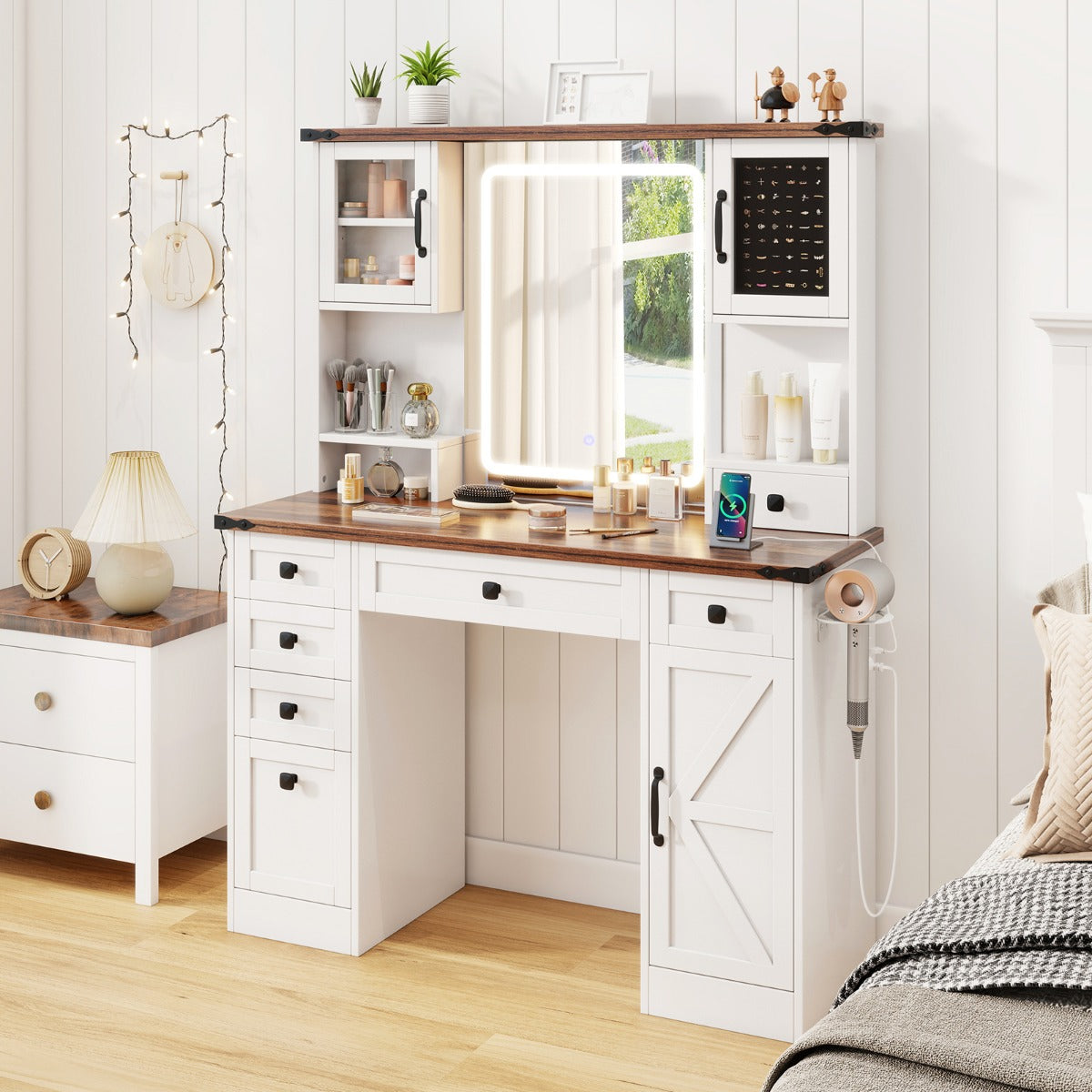 Farmhouse Vanity Desk with Lighted Mirror Makeup Vanity Table-White