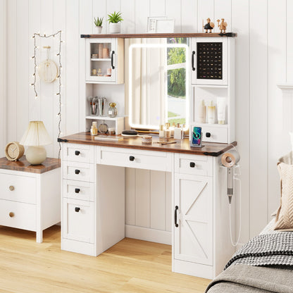 Farmhouse Vanity Desk with Lighted Mirror Makeup Vanity Table-White