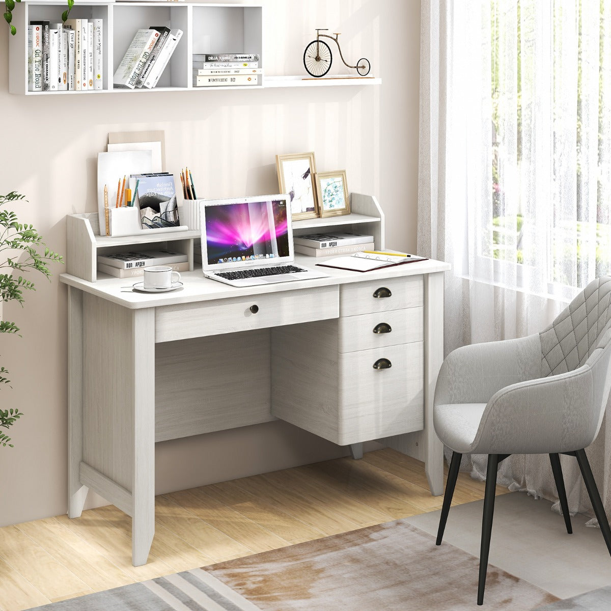 120cm Computer Desk with 4 Storage Drawers &amp; Hutch for Home Office-White