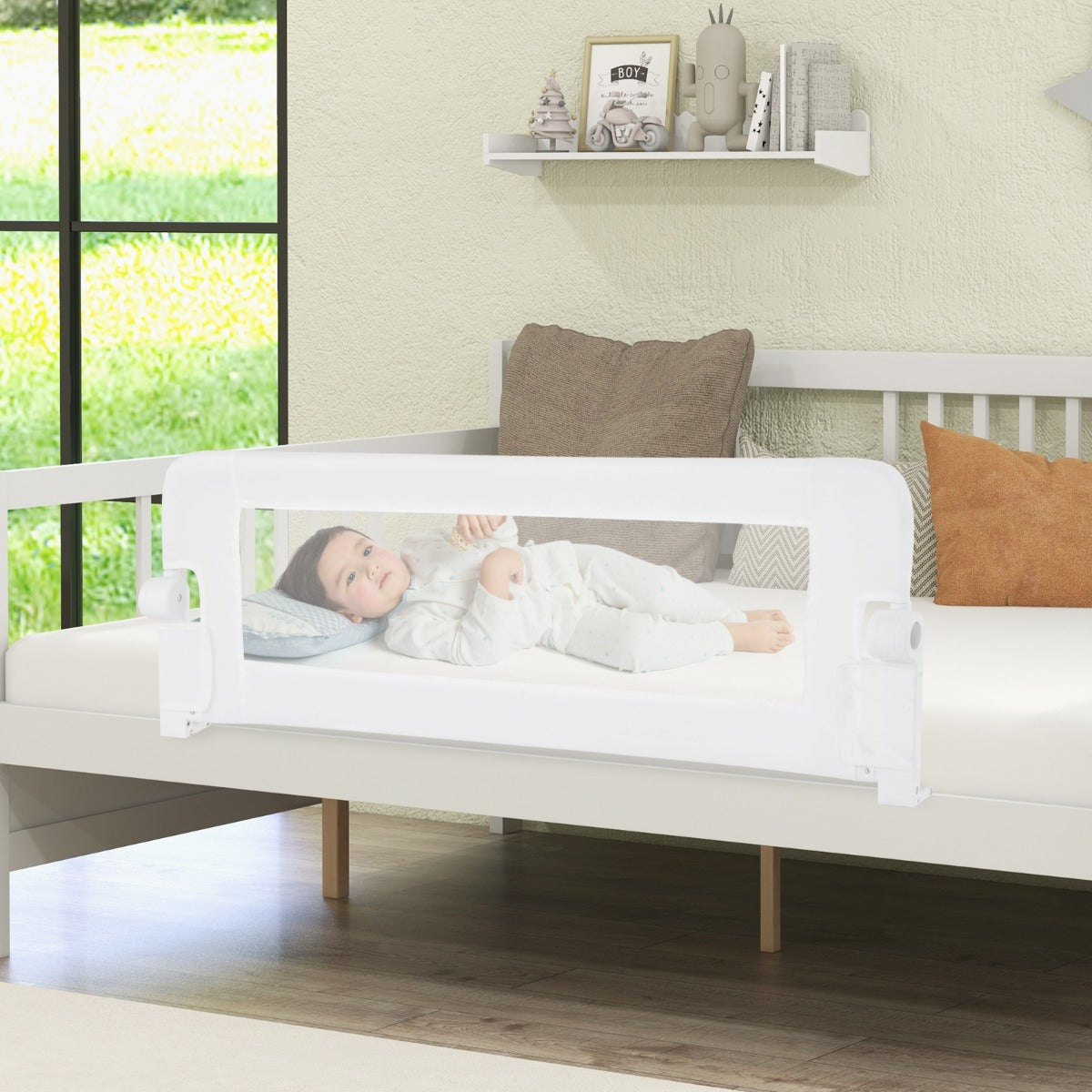 Toddler Bed Rail Cot Guard with Safety Strap-White