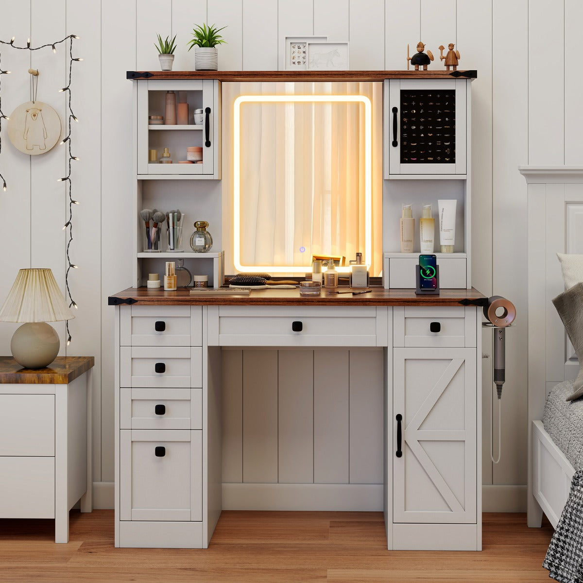 Farmhouse Vanity Desk with Lighted Mirror Makeup Vanity Table-White