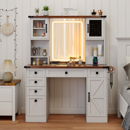 Farmhouse Vanity Desk with Lighted Mirror Makeup Vanity Table-White