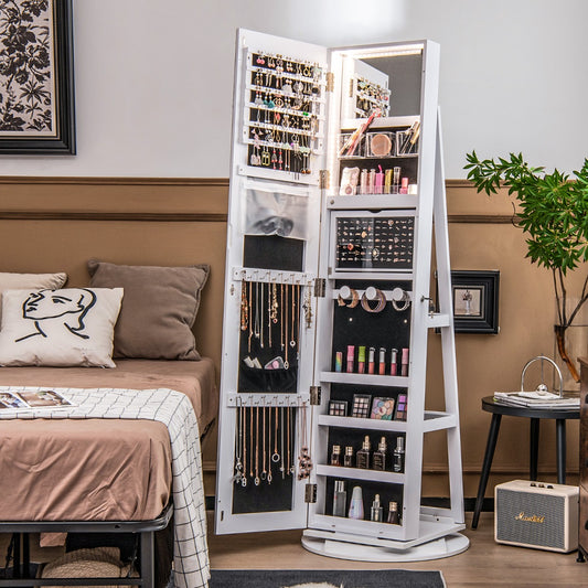 Costway 161CM (H) Jewelry Armoire with 360° Swivel Full Length Mirror &amp; LED lights-White