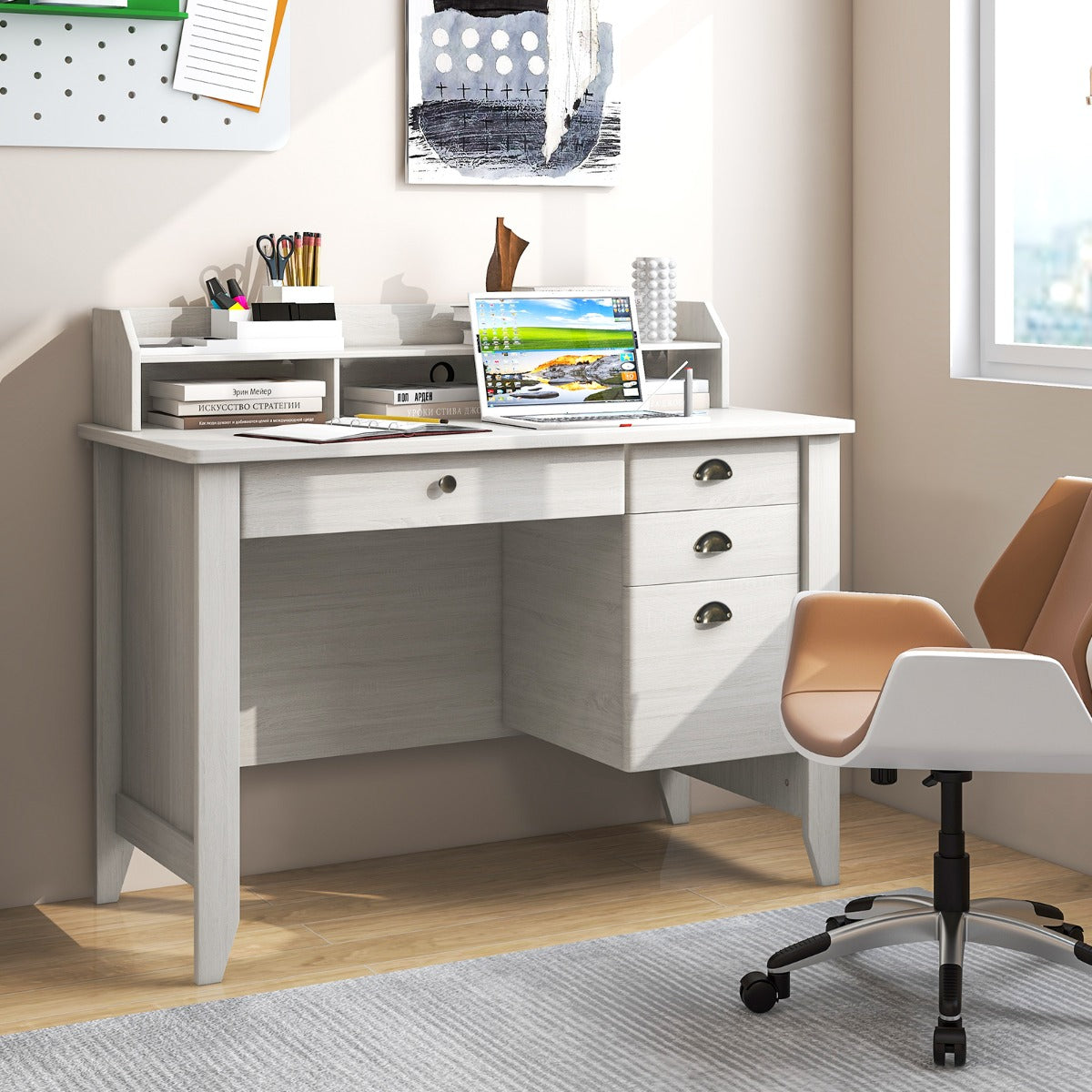 120cm Computer Desk with 4 Storage Drawers &amp; Hutch for Home Office-White