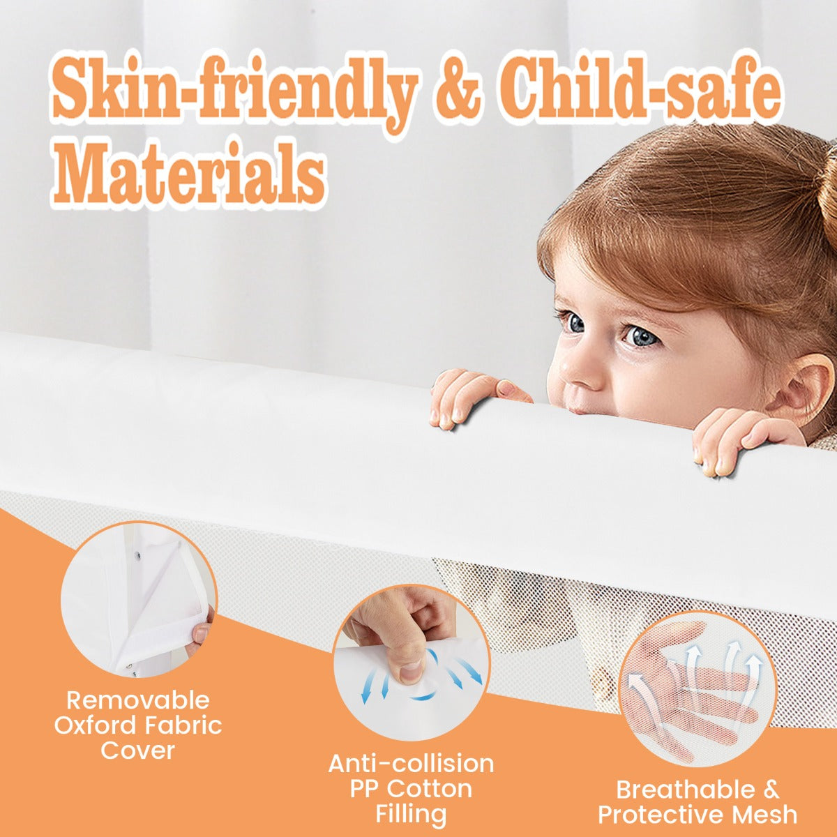 Toddler Bed Rail Cot Guard with Safety Strap-White