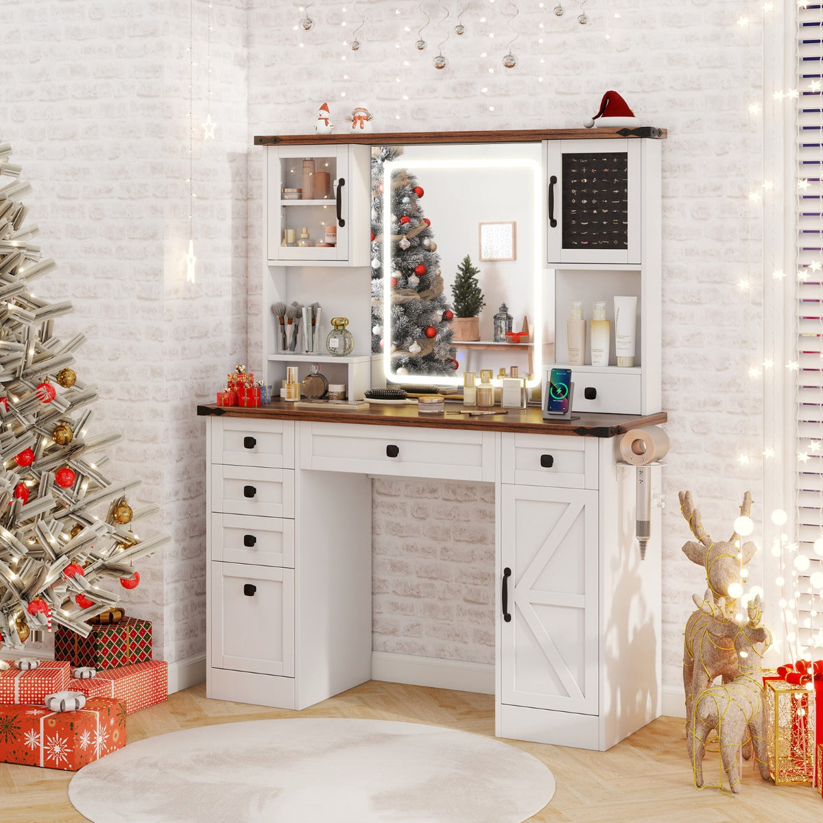 Farmhouse Vanity Desk with Lighted Mirror Makeup Vanity Table-White