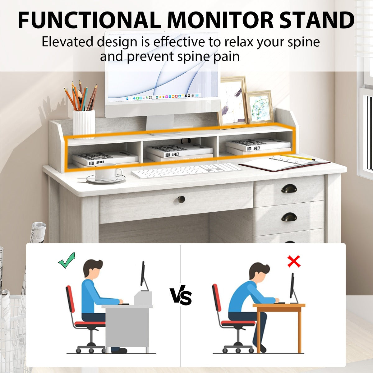 120cm Computer Desk with 4 Storage Drawers &amp; Hutch for Home Office-White
