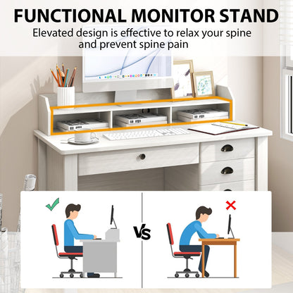 120cm Computer Desk with 4 Storage Drawers &amp; Hutch for Home Office-White