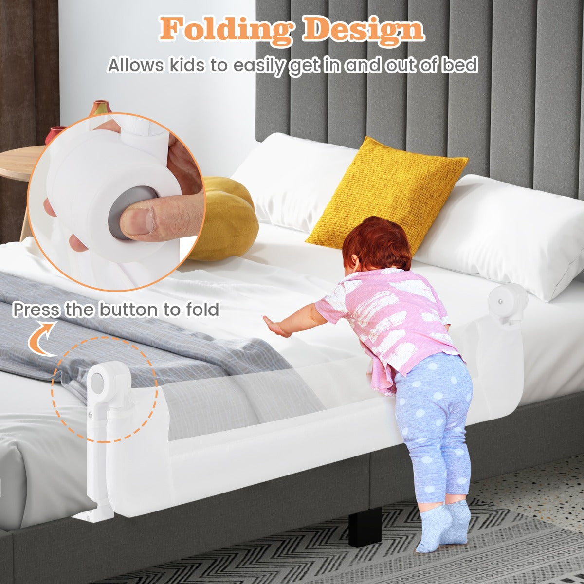 Toddler Bed Rail Cot Guard with Safety Strap-White