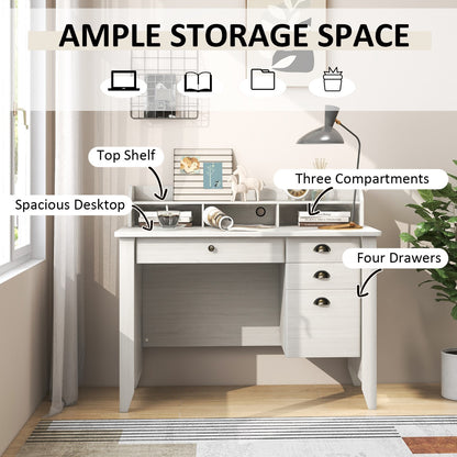 120cm Computer Desk with 4 Storage Drawers &amp; Hutch for Home Office-White