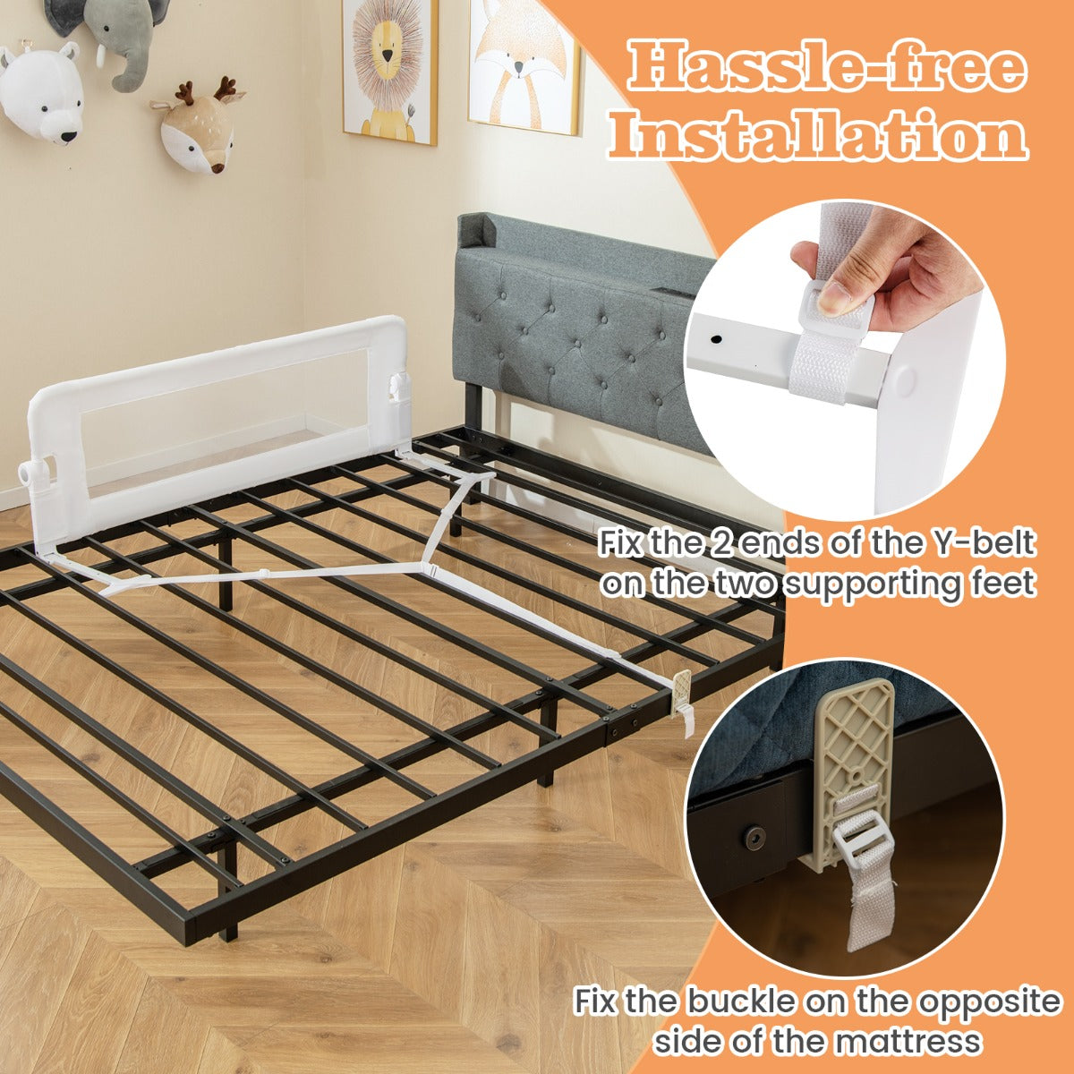 Toddler Bed Rail Cot Guard with Safety Strap-White