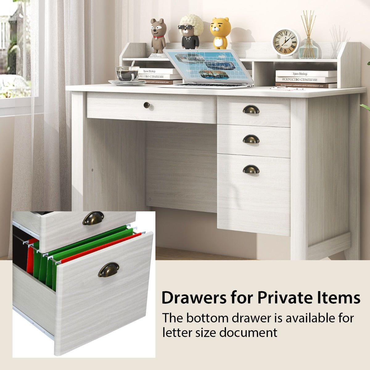 120cm Computer Desk with 4 Storage Drawers &amp; Hutch for Home Office-White