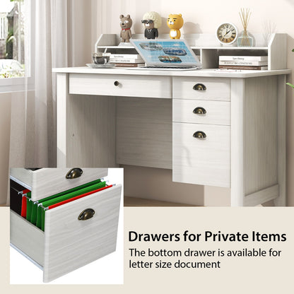 120cm Computer Desk with 4 Storage Drawers &amp; Hutch for Home Office-White