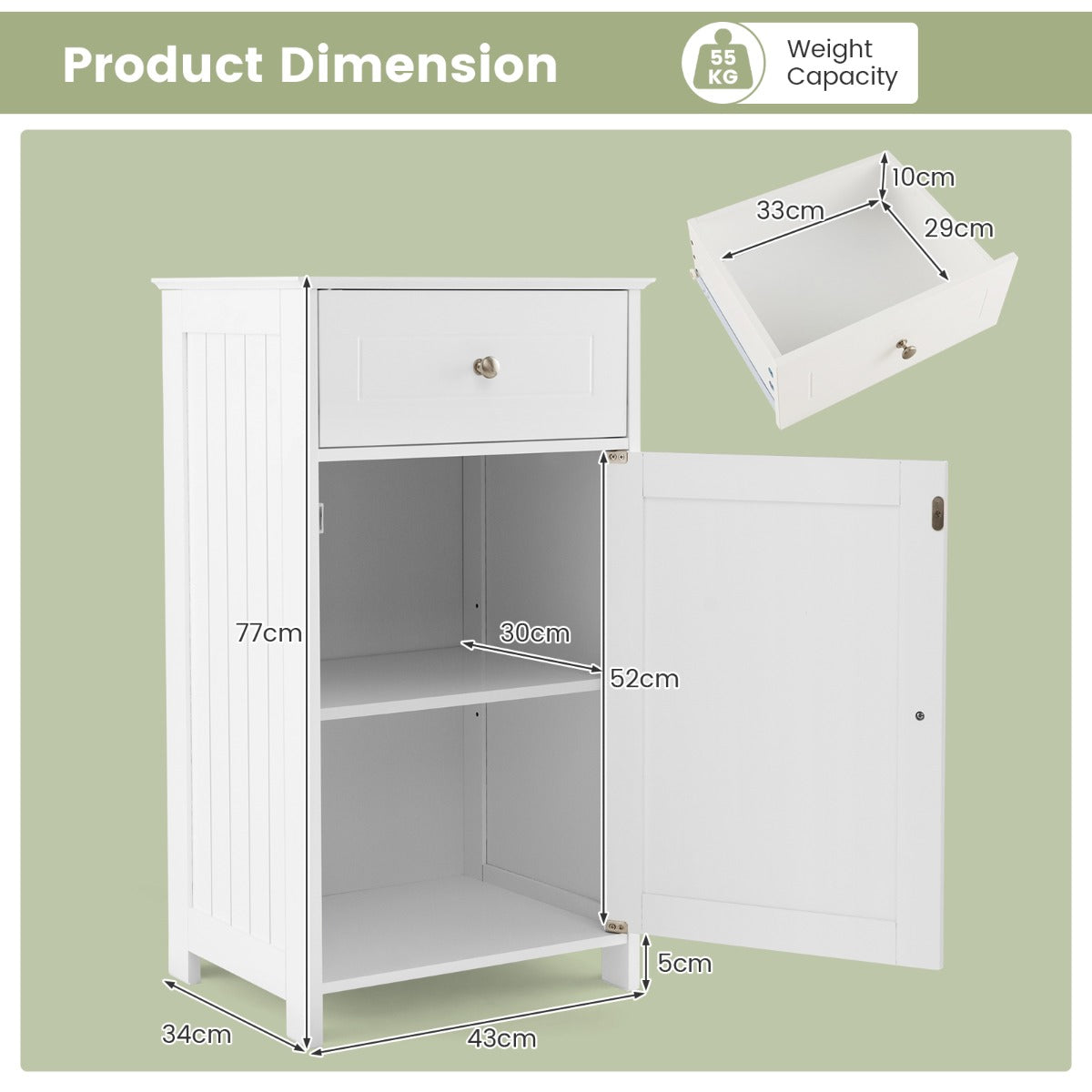 Single Door Bathroom Cabinet with Adjustable Shelf and Anti-tipping Device-White