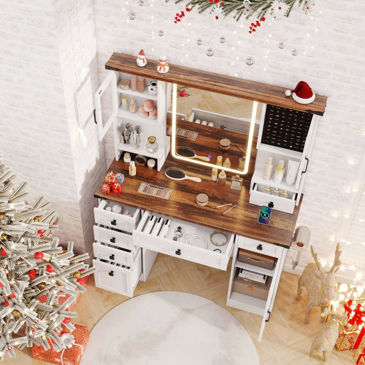 Farmhouse Vanity Desk with Lighted Mirror Makeup Vanity Table-White