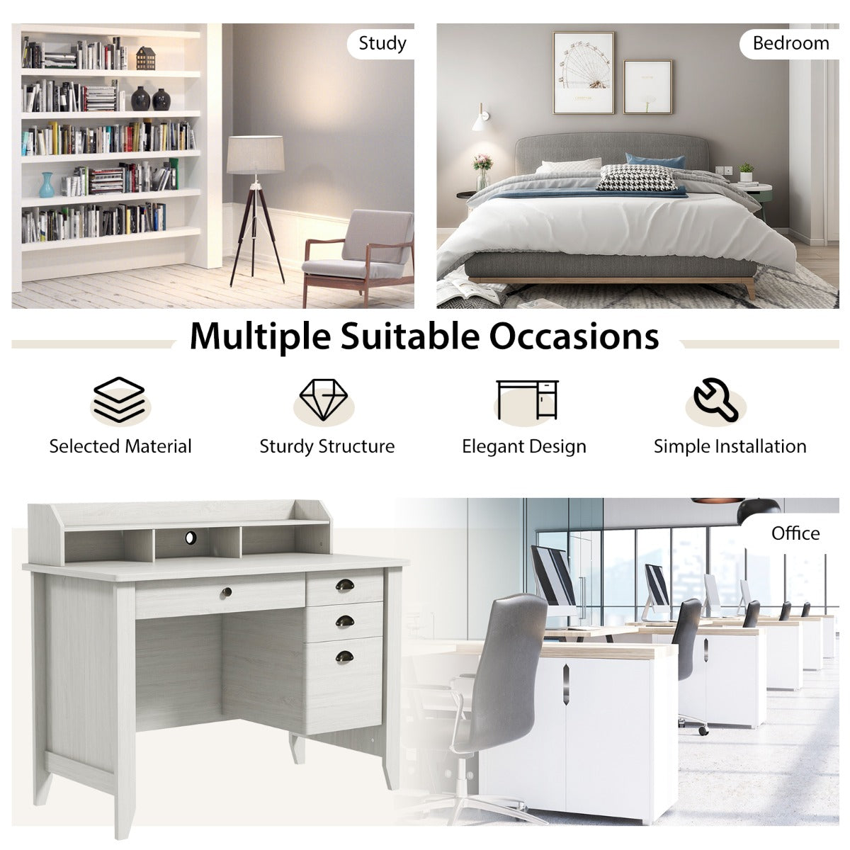 120cm Computer Desk with 4 Storage Drawers &amp; Hutch for Home Office-White