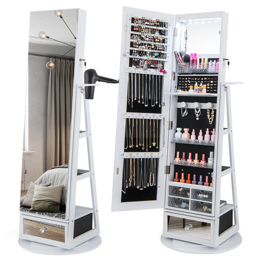 Costway 360° Swivel Jewelry Cabinet with Full-Length Mirror-White