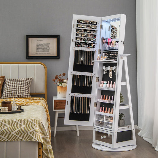 Costway 360° Swivel Jewelry Cabinet with Full-Length Mirror-White