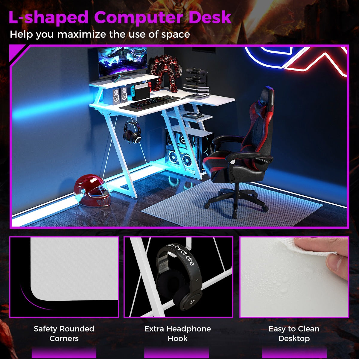 Computer Desk with Built-in Charge Station for Office Room Study-White